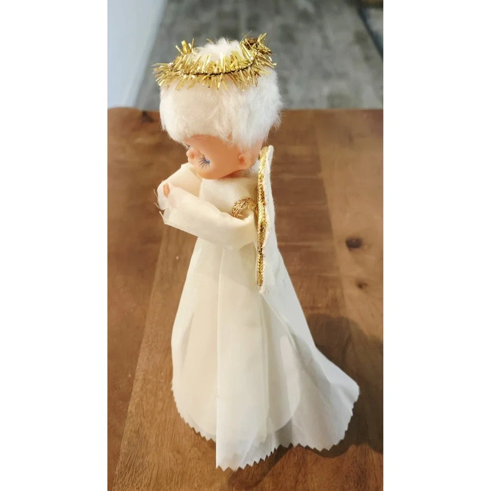 Vintage Christmas Angel Tree Topper Blonde Hair Closed Eyes Old 7.25